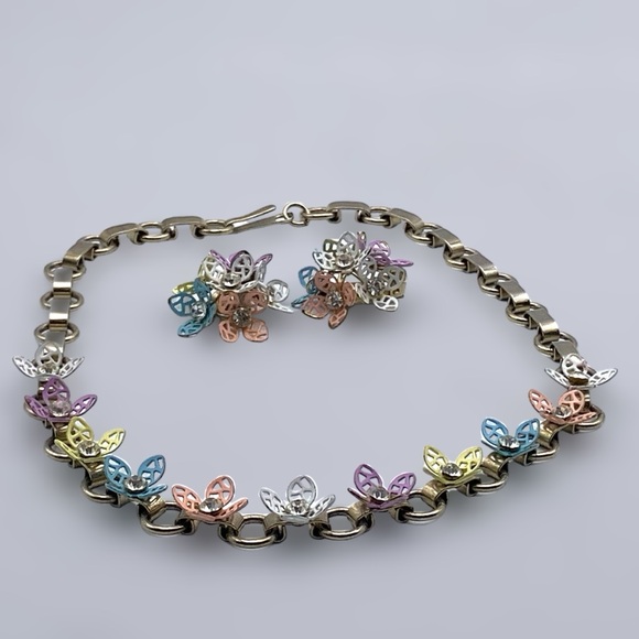 Vintage 50s Pastel Filigree Floral Necklace and Earring  Set - Picture 14 of 16